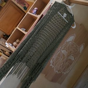 Sleeveless Olive Green Fringe Cardigan